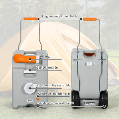 Portable Water Tank with Wheels for Camping, 22 L, with Rotating Drain Spout, Filling Indicator, Foldable Handle, for Caravans, Campers, Gray