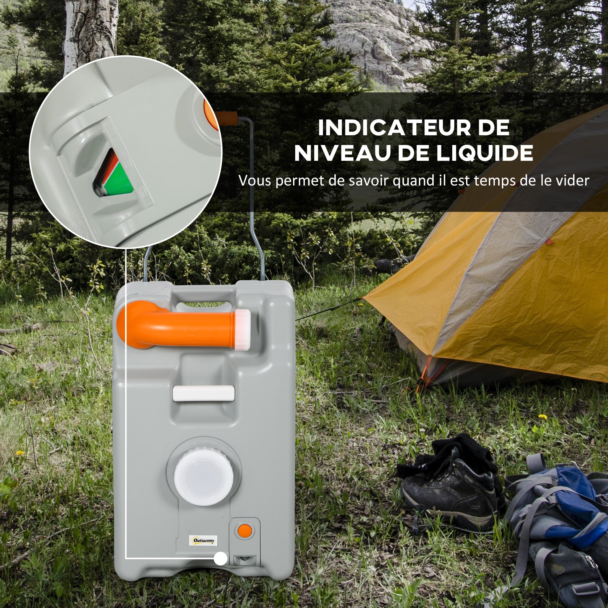 Portable Water Tank with Wheels for Camping, 22 L, with Rotating Drain Spout, Filling Indicator, Foldable Handle, for Caravans, Campers, Gray