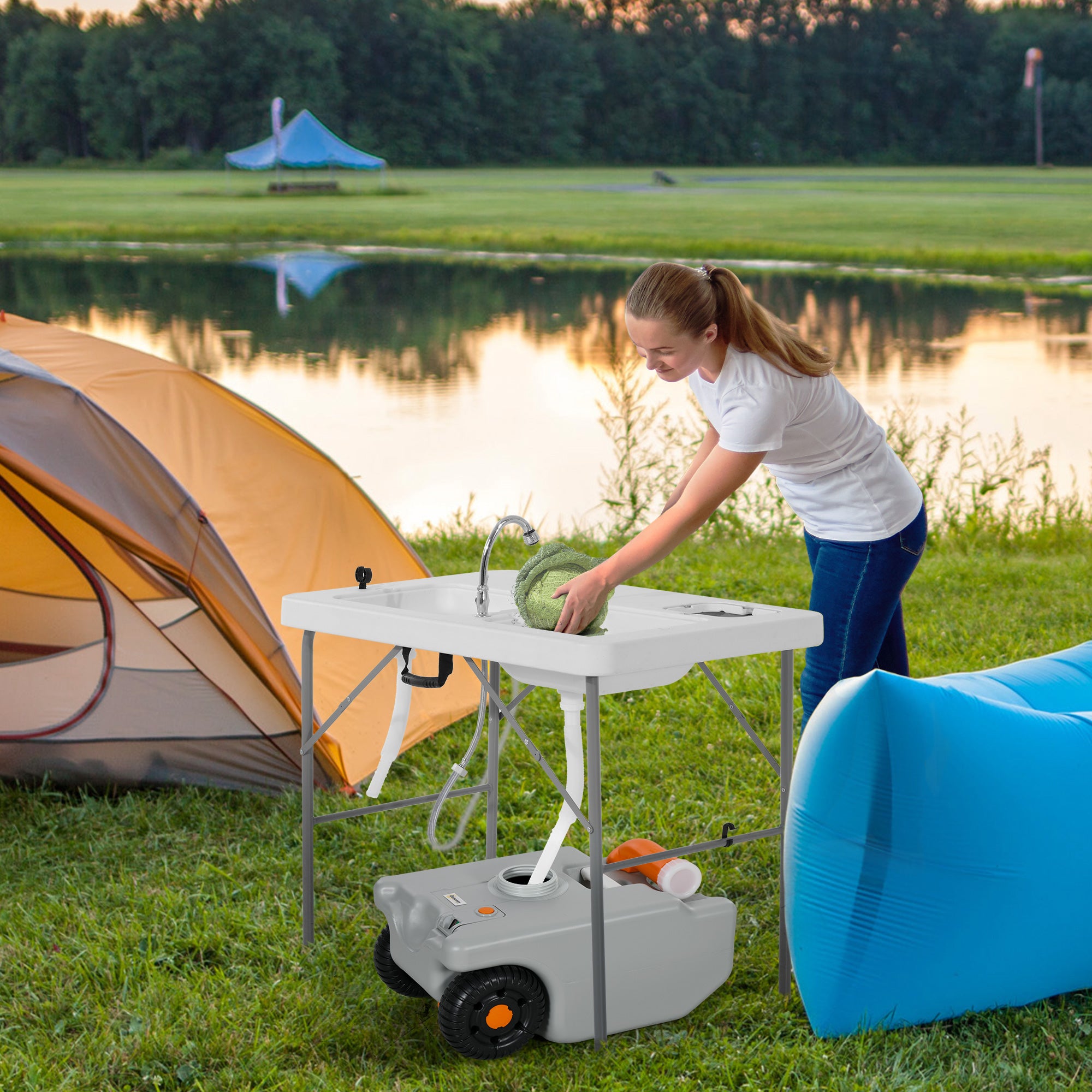 Portable Water Tank with Wheels for Camping, 22 L, with Rotating Drain Spout, Filling Indicator, Foldable Handle, for Caravans, Campers, Gray