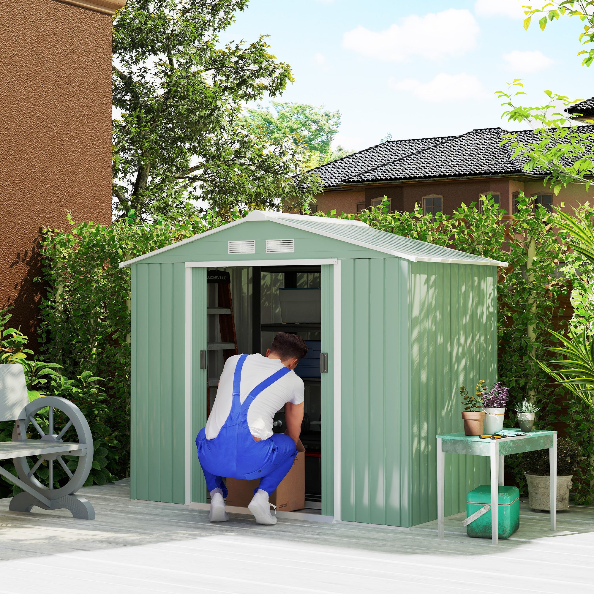Tool Shed 2.5 m², Garden Shed with Pent Roof, Sliding Door, Foundation, 213 x 130 x 185 cm, Tool Shed made of Galvanized Steel, weatherproof, for Garden, Green