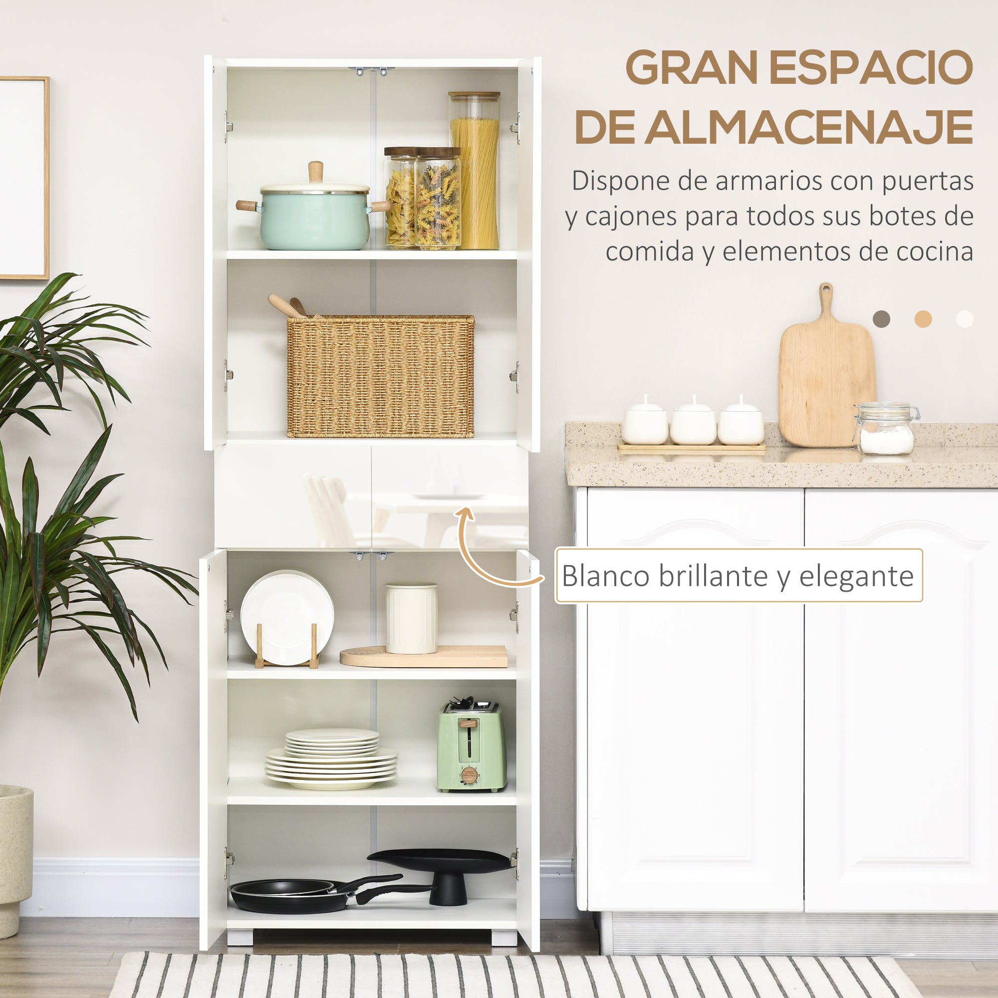 Kitchen Pantry Sideboard Kitchen Storage Cabinet with 4 Doors 2 Drawers and Adjustable Shelves for Dining Room Modern Style Anti-tip 60x35x170 cm White