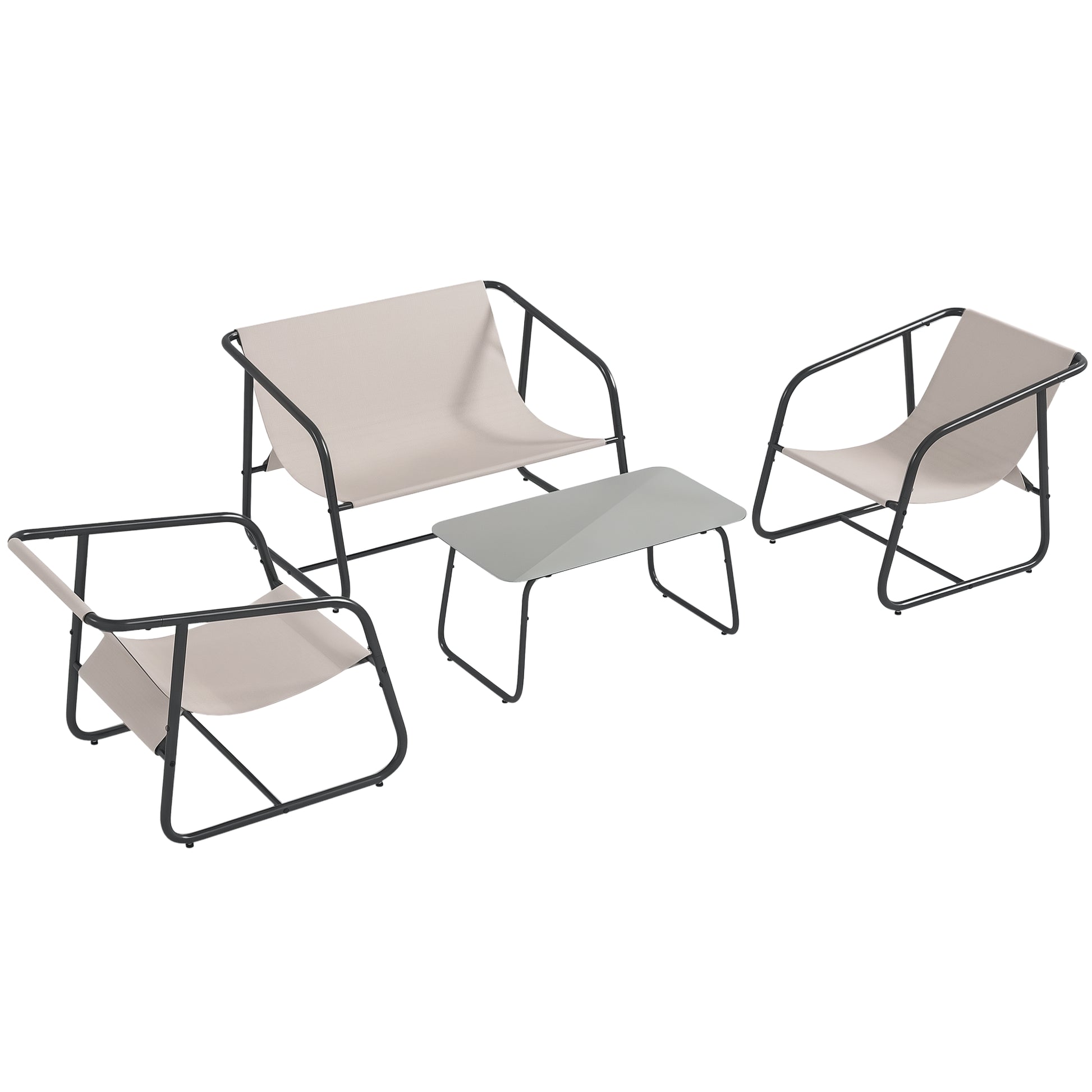 4-Piece Garden Furniture Set, Seating Group with 2 Chairs, 1 Loveseat, 1 Coffee Table with Tempered Glass, Patio Furniture for Balcony, Terrace, Mesh, Cream