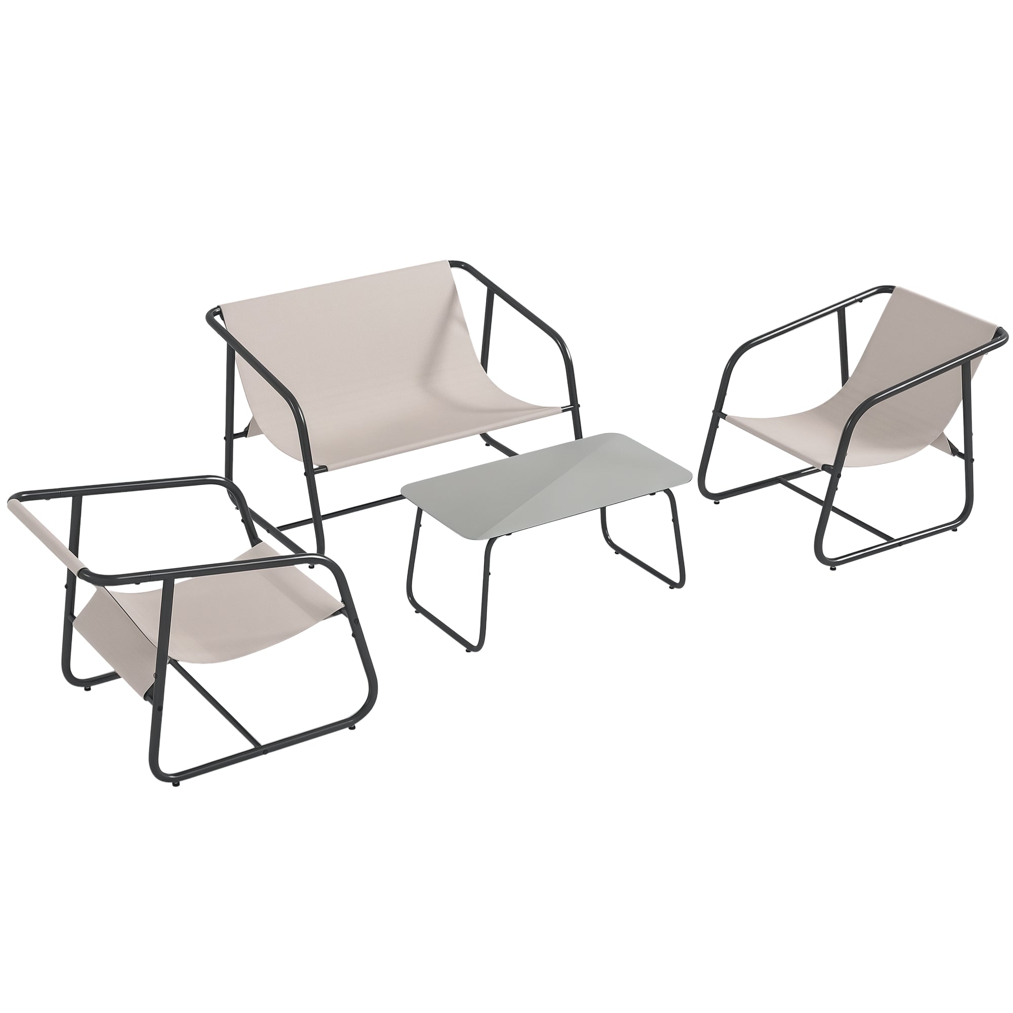 4-Piece Garden Furniture Set, Seating Group with 2 Chairs, 1 Loveseat, 1 Coffee Table with Tempered Glass, Patio Furniture for Balcony, Terrace, Mesh, Cream