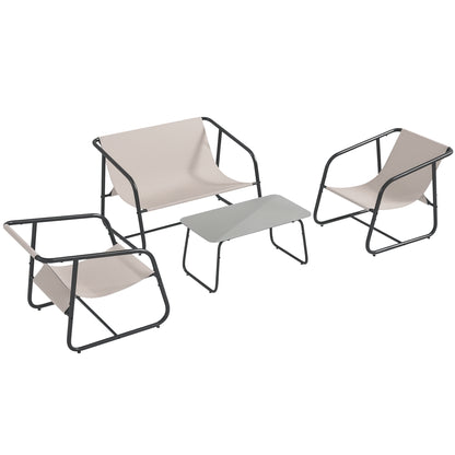 4-Piece Garden Furniture Set, Seating Group with 2 Chairs, 1 Loveseat, 1 Coffee Table with Tempered Glass, Patio Furniture for Balcony, Terrace, Mesh, Cream
