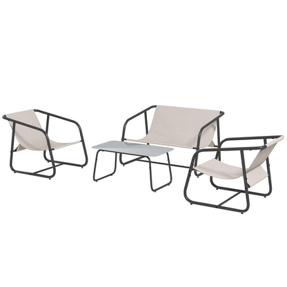 4-Piece Garden Furniture Set, Seating Group with 2 Chairs, 1 Loveseat, 1 Coffee Table with Tempered Glass, Patio Furniture for Balcony, Terrace, Mesh, Cream