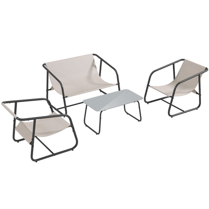 4-Piece Garden Furniture Set, Seating Group with 2 Chairs, 1 Loveseat, 1 Coffee Table with Tempered Glass, Patio Furniture for Balcony, Terrace, Mesh, Cream