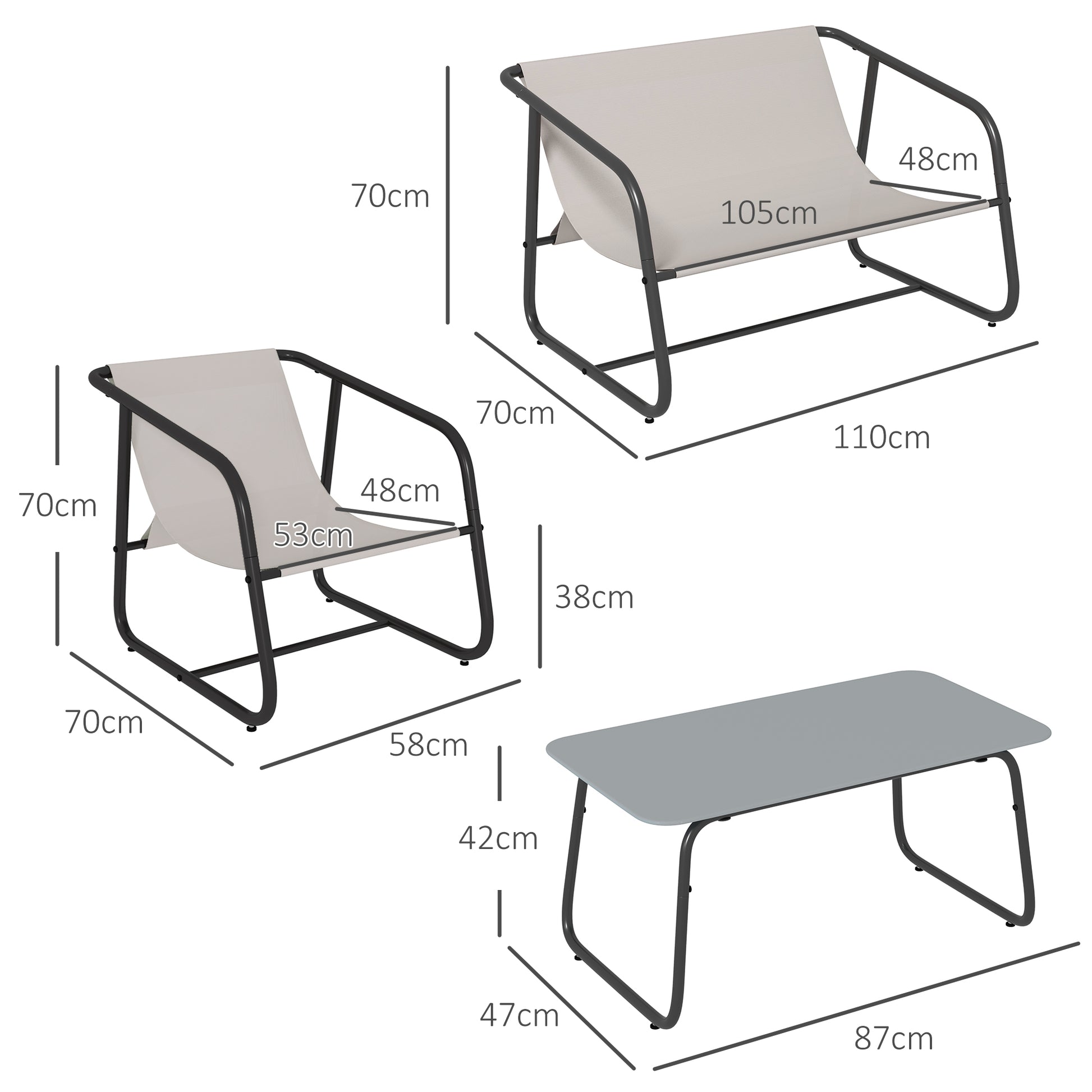 4-Piece Garden Furniture Set, Seating Group with 2 Chairs, 1 Loveseat, 1 Coffee Table with Tempered Glass, Patio Furniture for Balcony, Terrace, Mesh, Cream