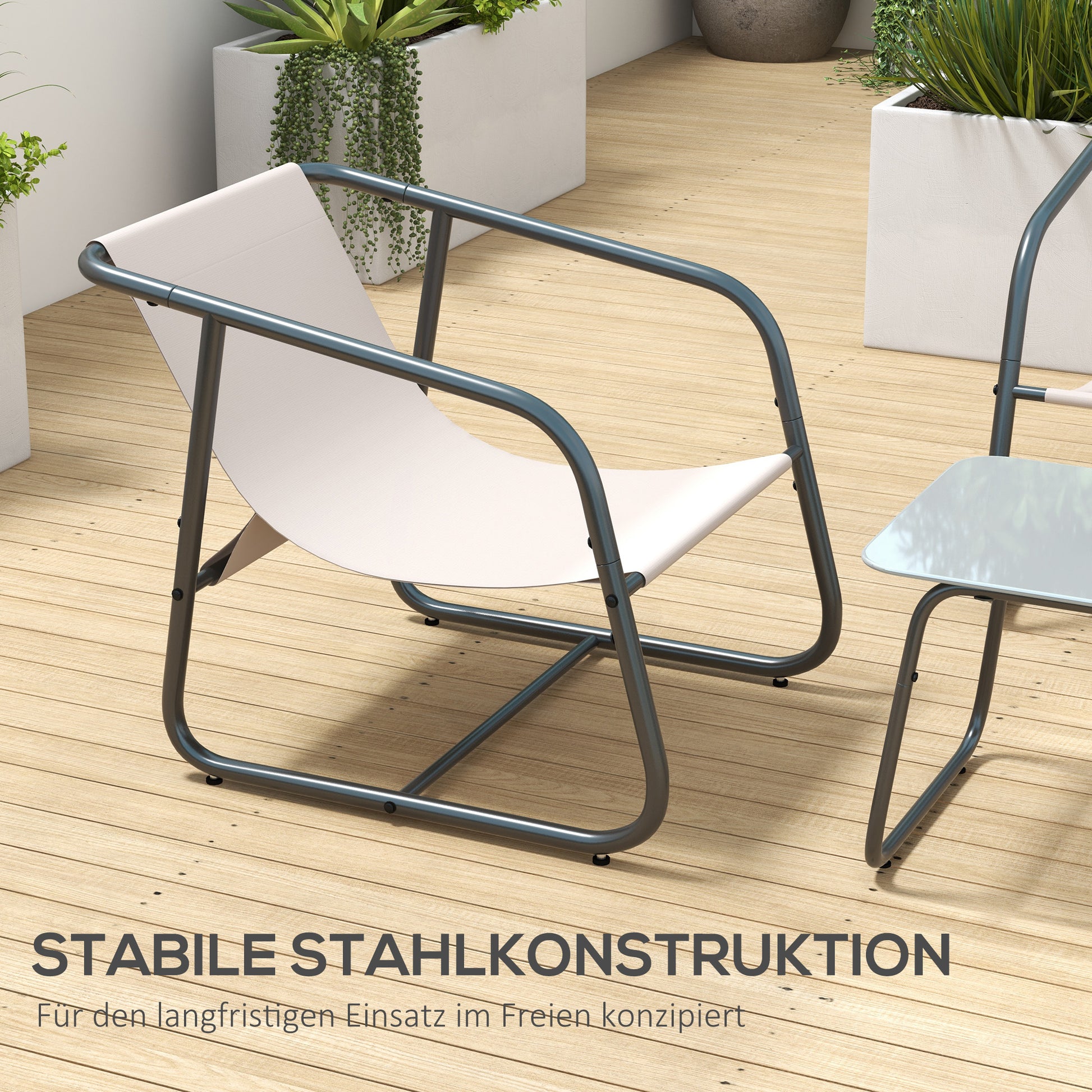 4-Piece Garden Furniture Set, Seating Group with 2 Chairs, 1 Loveseat, 1 Coffee Table with Tempered Glass, Patio Furniture for Balcony, Terrace, Mesh, Cream