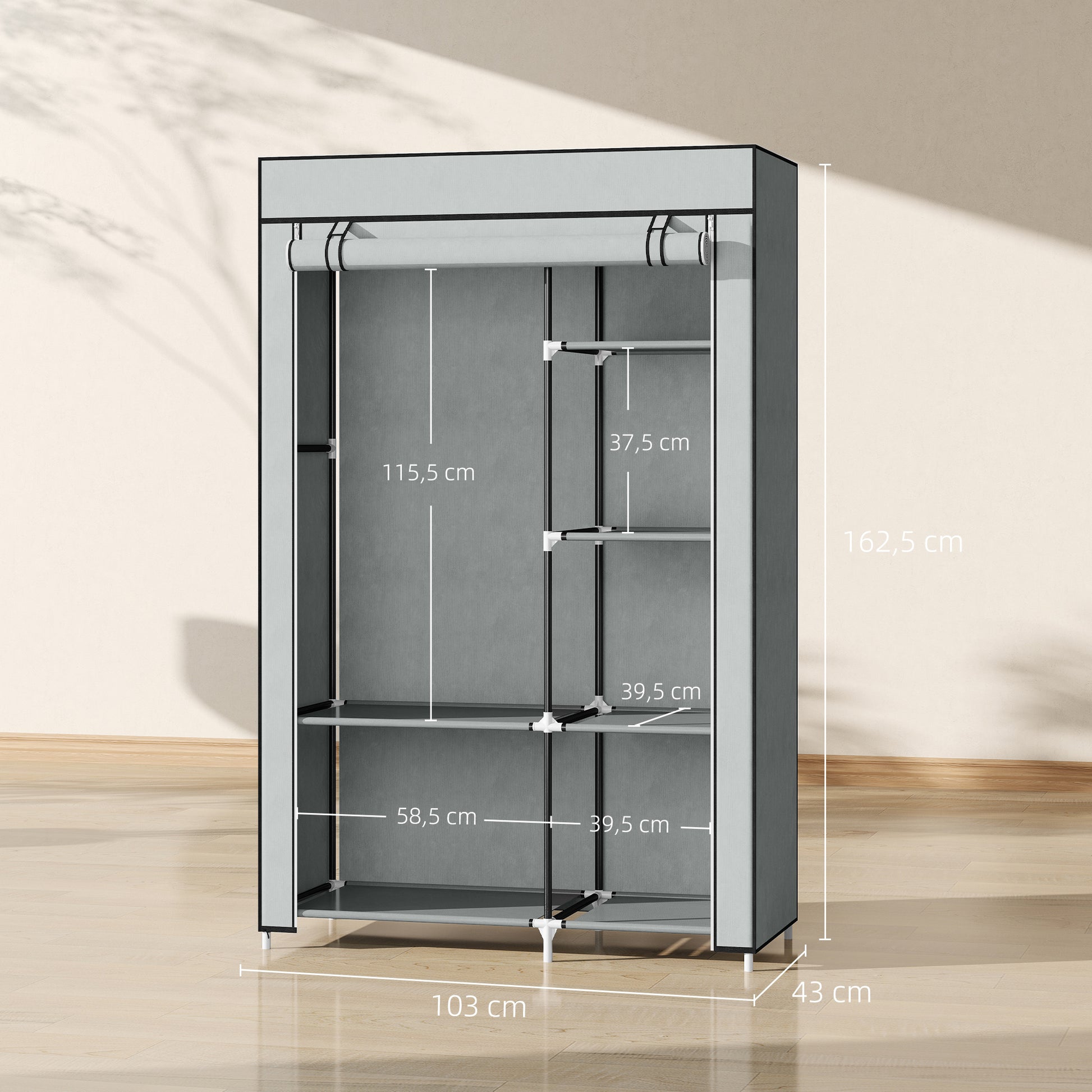 Wardrobe Fabric Closet with 6 Shelves, Clothes Rail, Zipper Folding Closet for Dressing Room Bedroom, 103 x 43 x 162.5 cm, Light Gray