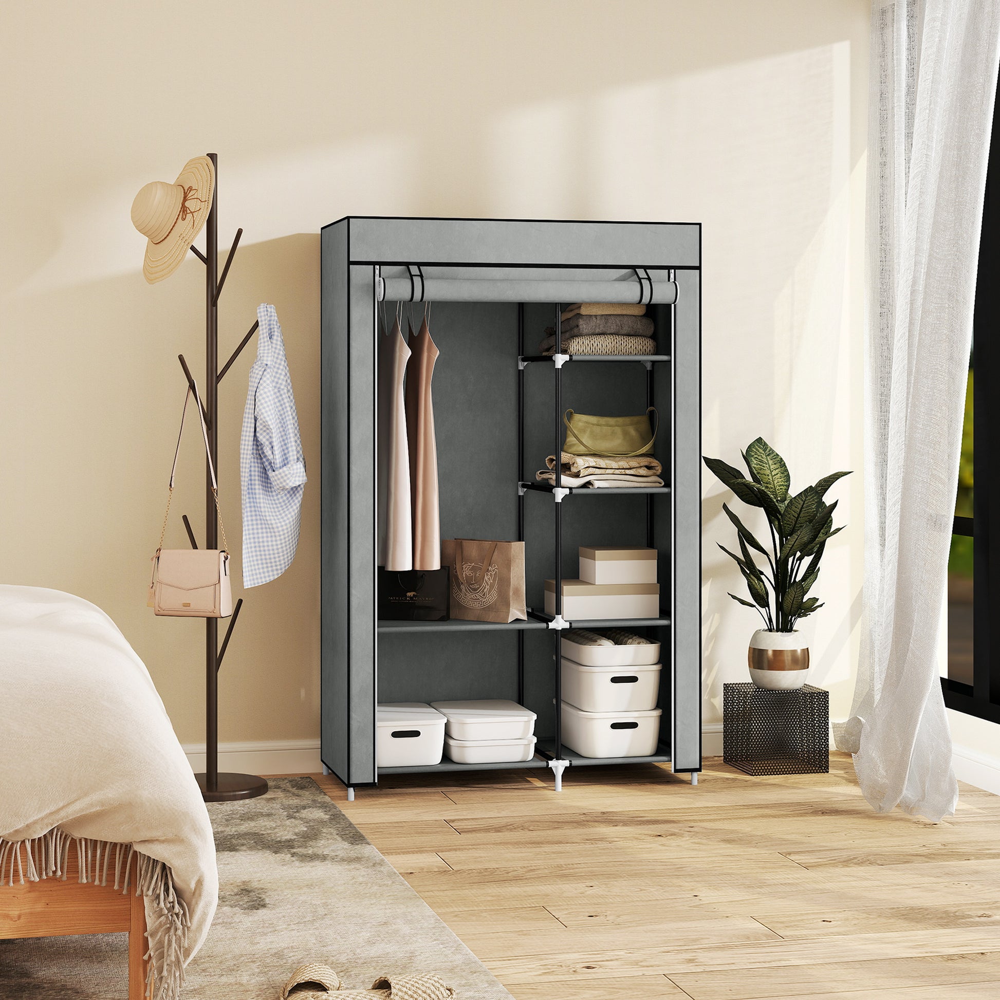 Wardrobe Fabric Closet with 6 Shelves, Clothes Rail, Zipper Folding Closet for Dressing Room Bedroom, 103 x 43 x 162.5 cm, Light Gray