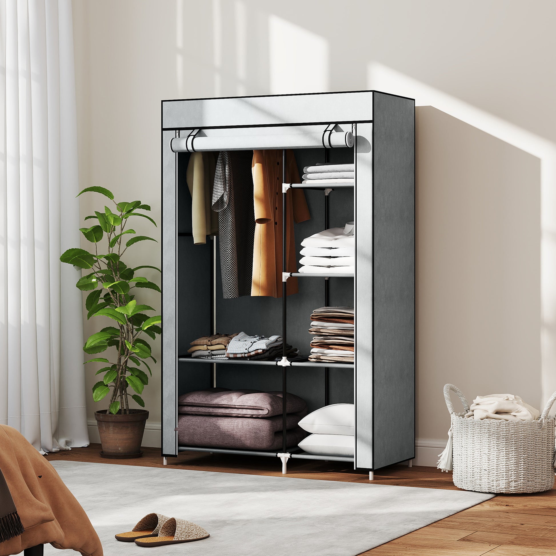Wardrobe Fabric Closet with 6 Shelves, Clothes Rail, Zipper Folding Closet for Dressing Room Bedroom, 103 x 43 x 162.5 cm, Light Gray