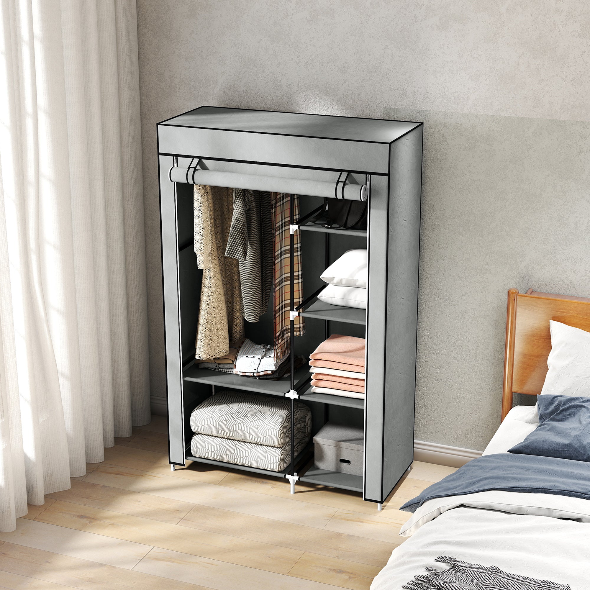 Wardrobe Fabric Closet with 6 Shelves, Clothes Rail, Zipper Folding Closet for Dressing Room Bedroom, 103 x 43 x 162.5 cm, Light Gray