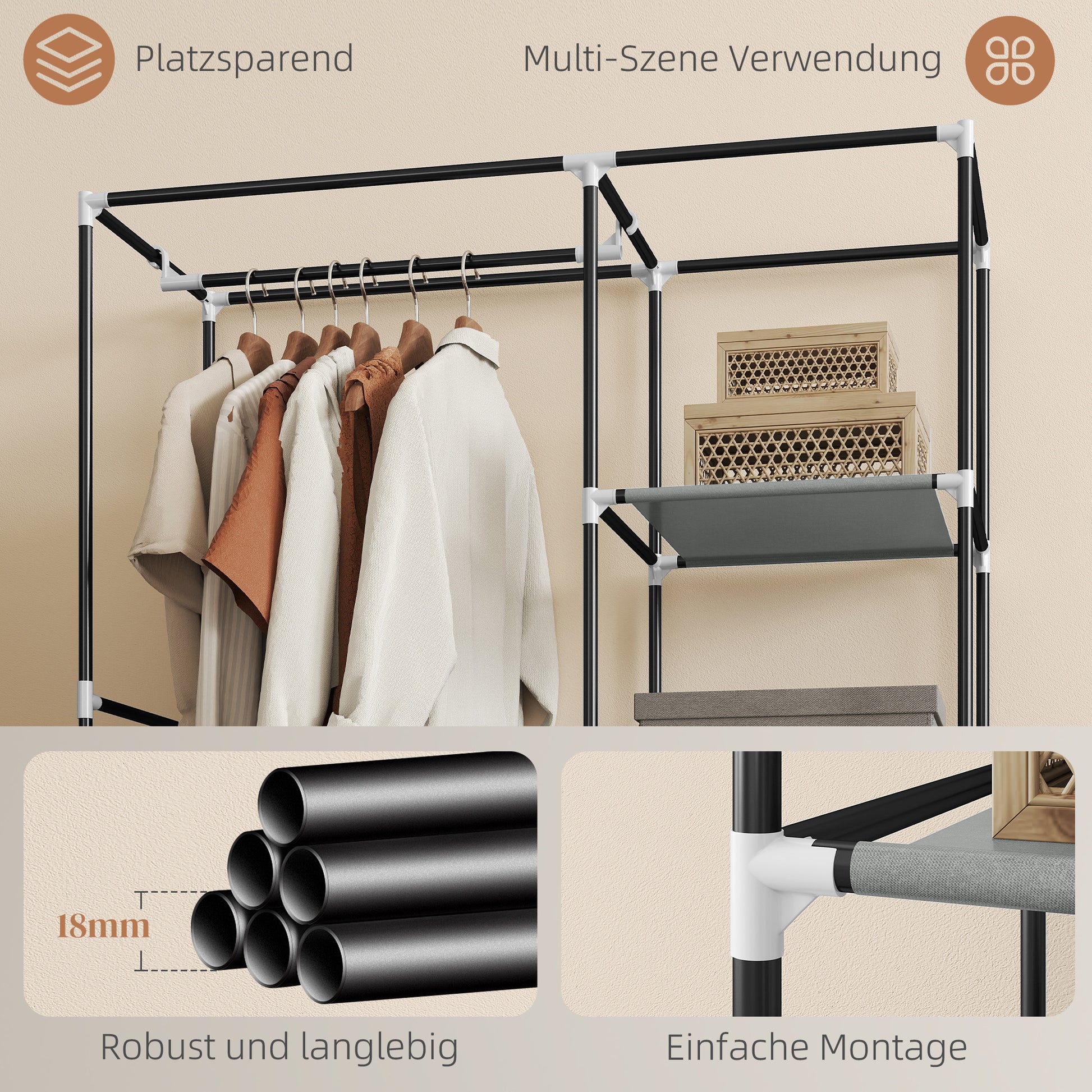Wardrobe Fabric Closet with 6 Shelves, Clothes Rail, Zipper Folding Closet for Dressing Room Bedroom, 103 x 43 x 162.5 cm, Light Gray