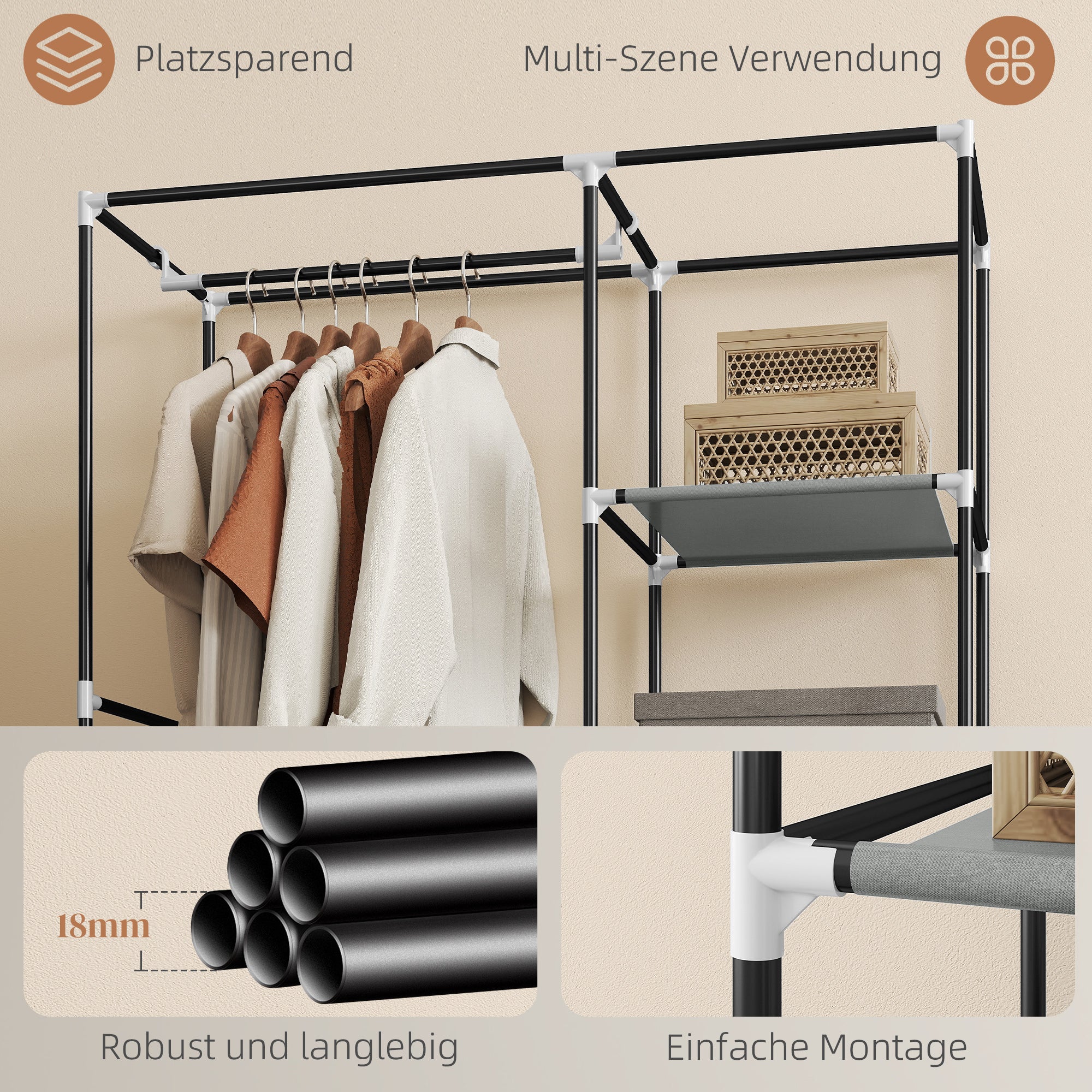 Wardrobe Fabric Closet with 6 Shelves, Clothes Rail, Zipper Folding Closet for Dressing Room Bedroom, 103 x 43 x 162.5 cm, Light Gray