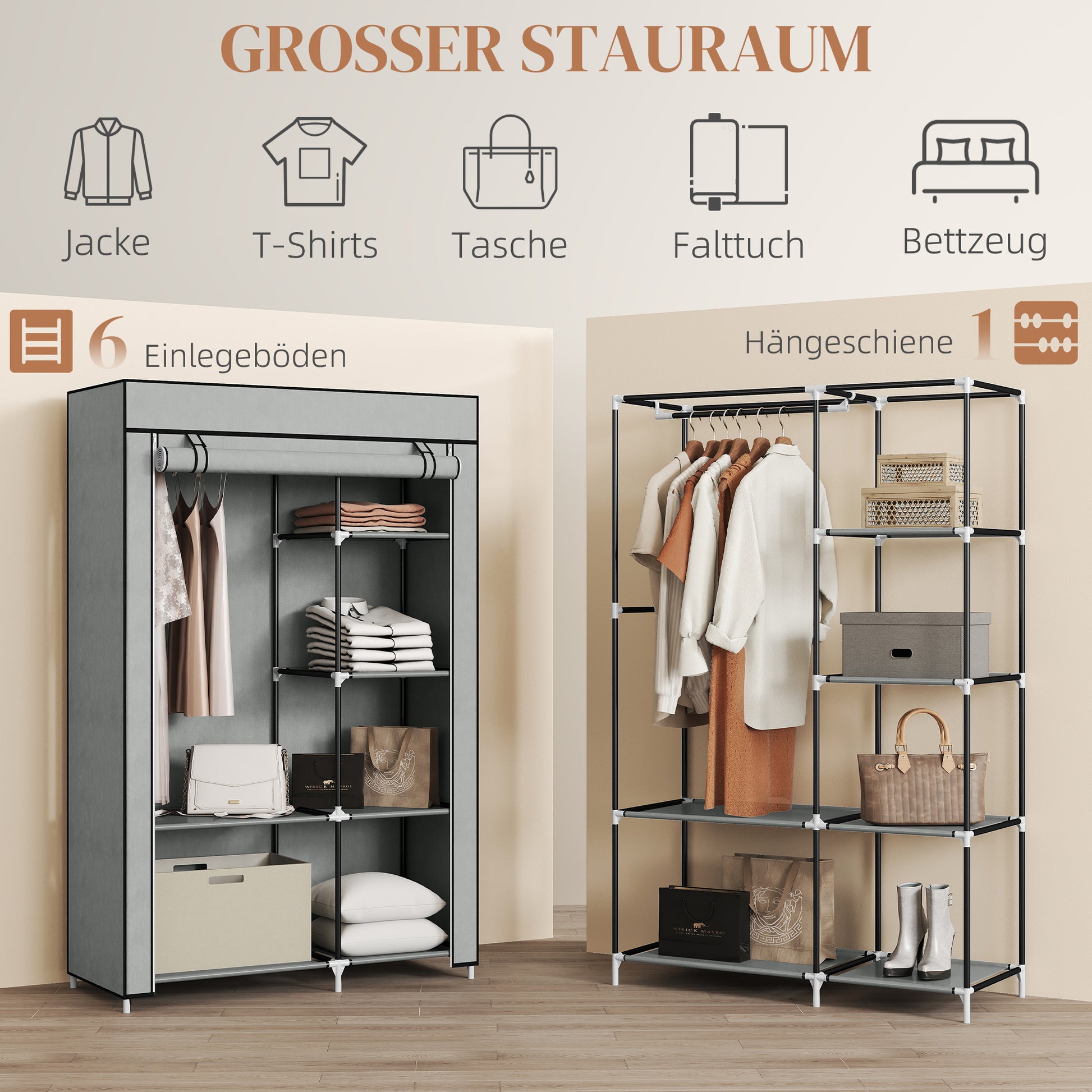 Wardrobe Fabric Closet with 6 Shelves, Clothes Rail, Zipper Folding Closet for Dressing Room Bedroom, 103 x 43 x 162.5 cm, Light Gray