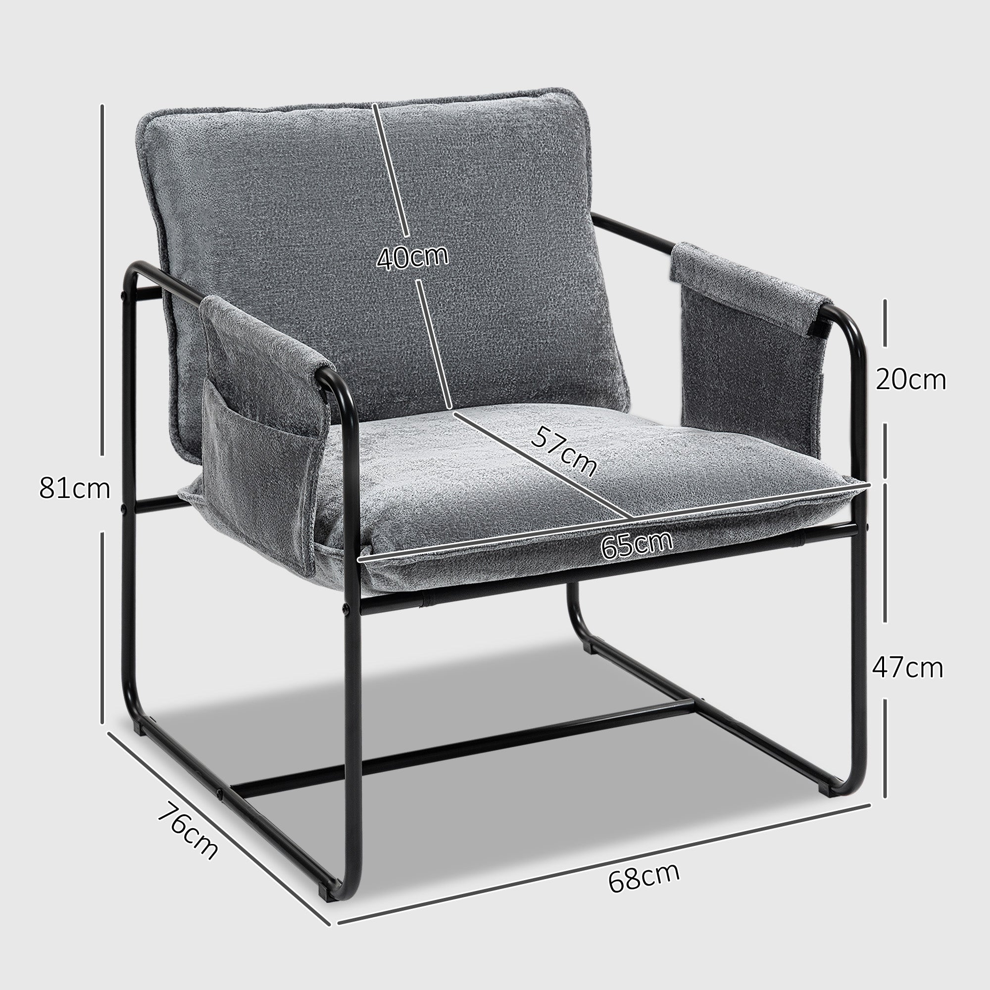 Living Room Armchair with Armrests, Side Pockets, and Steel Frame Armchair for Bedroom Living Room Load 120 kg Gray