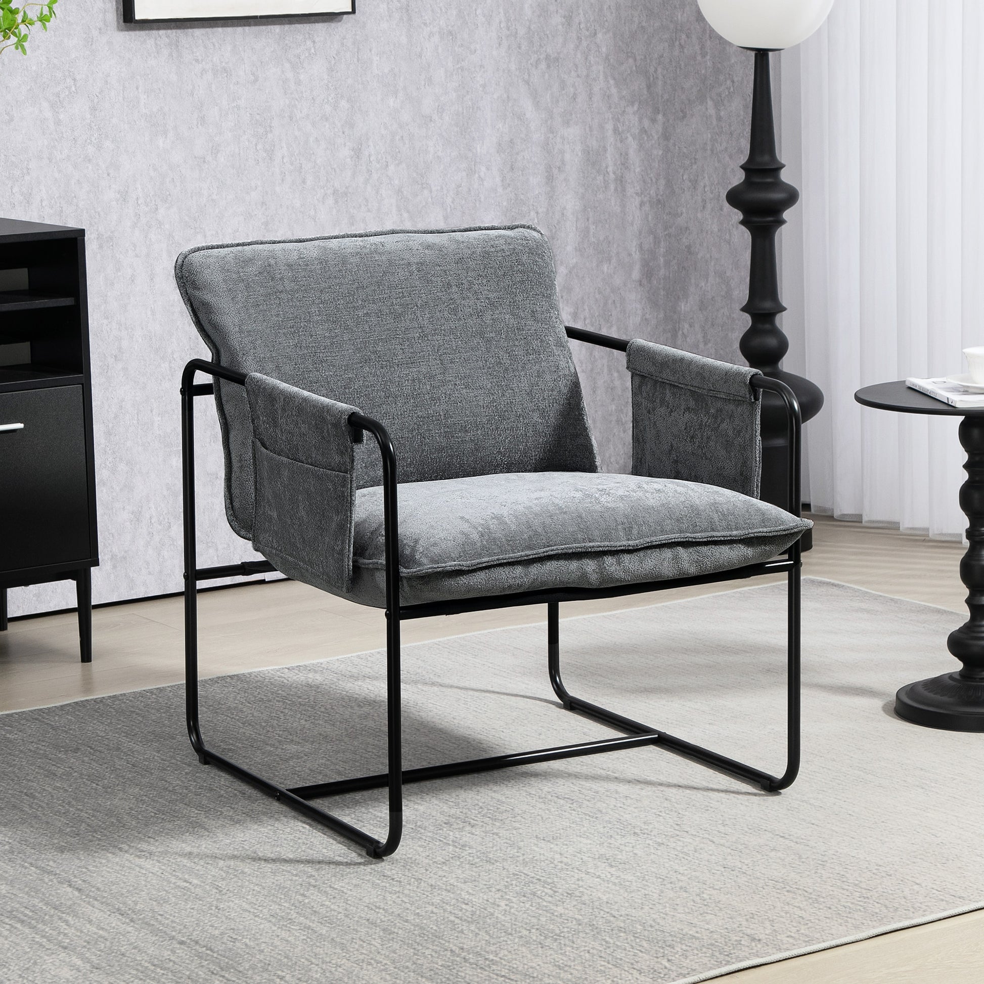 Living Room Armchair with Armrests, Side Pockets, and Steel Frame Armchair for Bedroom Living Room Load 120 kg Gray