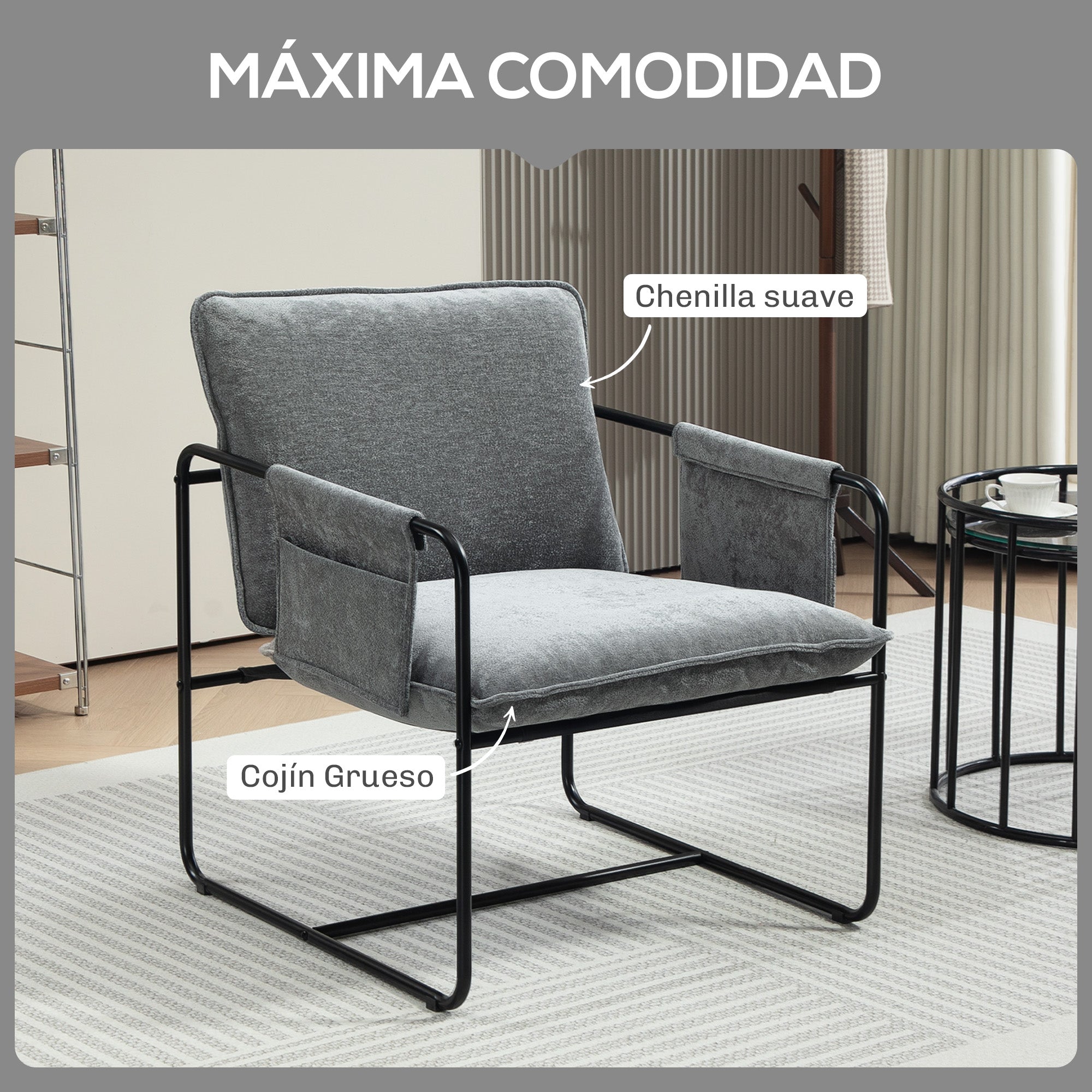 Living Room Armchair with Armrests, Side Pockets, and Steel Frame Armchair for Bedroom Living Room Load 120 kg Gray