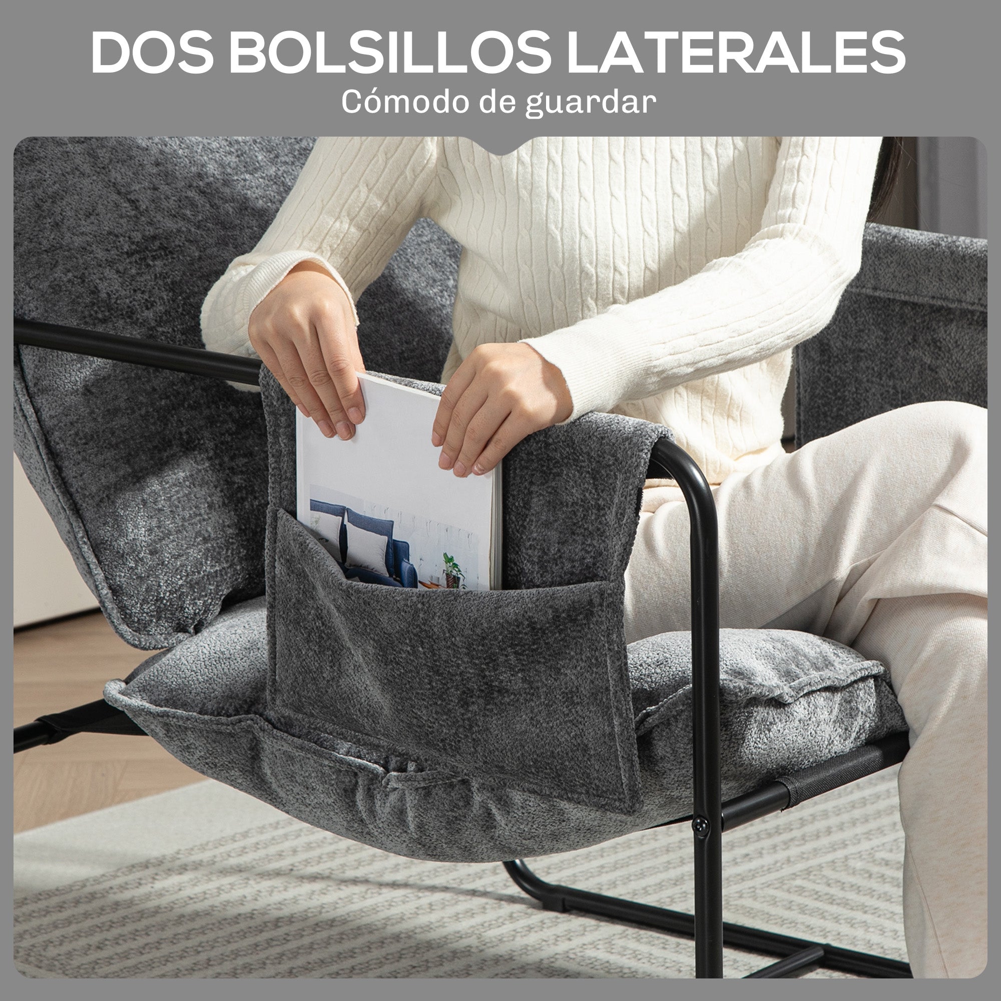 Living Room Armchair with Armrests, Side Pockets, and Steel Frame Armchair for Bedroom Living Room Load 120 kg Gray