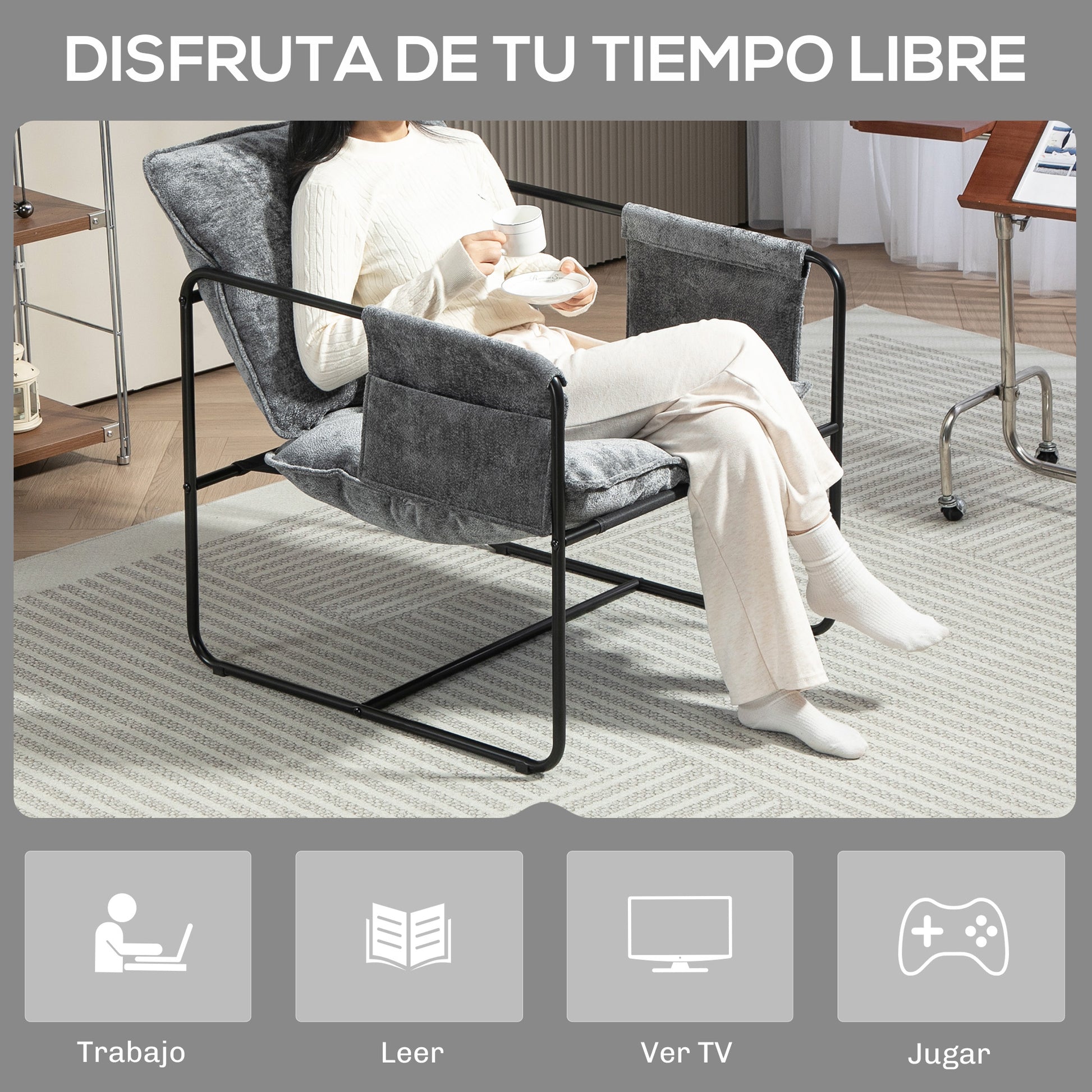 Living Room Armchair with Armrests, Side Pockets, and Steel Frame Armchair for Bedroom Living Room Load 120 kg Gray