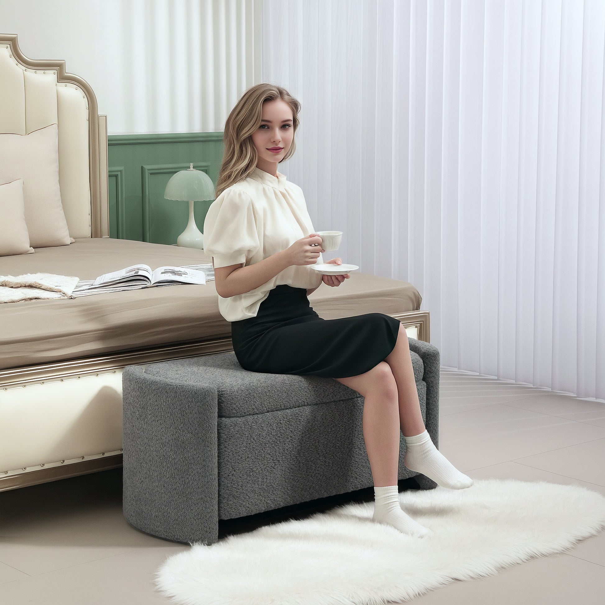 Bench, Bed Bench with Storage, Padded Bench with Lid, Teddy Velvet Look, Storage Chest, Chest Bench for Living Room, Bedroom, Gray, 105 x 44 x 45.5 cm