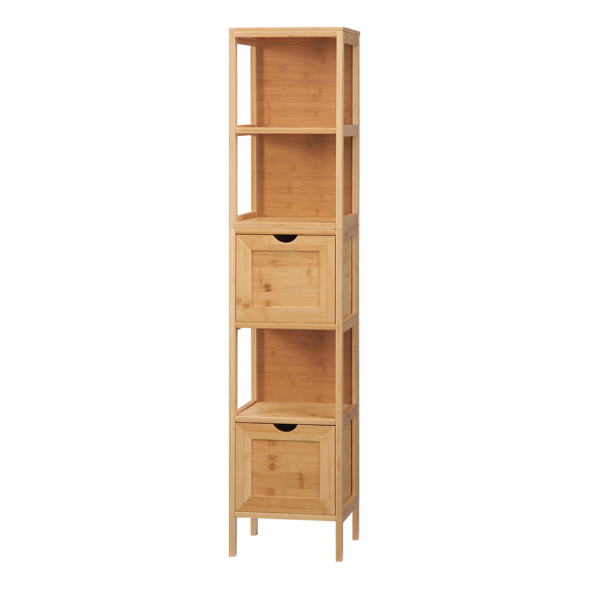 Bathroom Cabinet Vanity Cabinet with 2 Drawers, 3 Shelves, Bamboo Side Cabinet Slim Storage Cabinet for Bathroom, Living Room 30 x 30 x 140 cm Natural