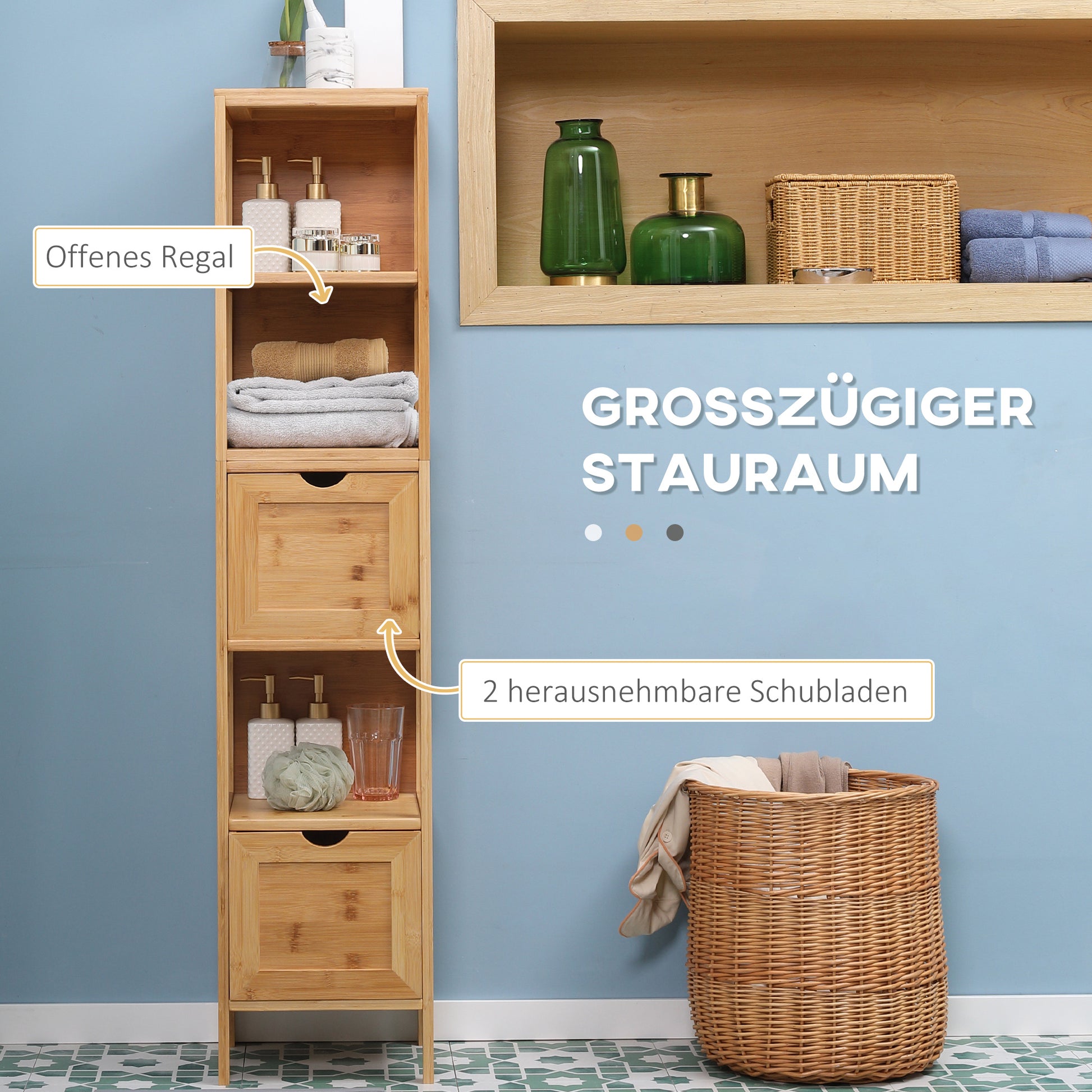 Bathroom Cabinet Vanity Cabinet with 2 Drawers, 3 Shelves, Bamboo Side Cabinet Slim Storage Cabinet for Bathroom, Living Room 30 x 30 x 140 cm Natural