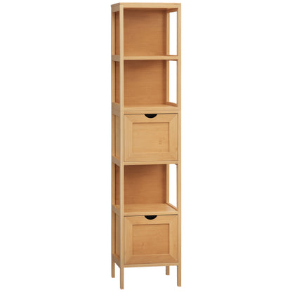 Bathroom Cabinet Vanity Cabinet with 2 Drawers, 3 Shelves, Bamboo Side Cabinet Slim Storage Cabinet for Bathroom, Living Room 30 x 30 x 140 cm Natural