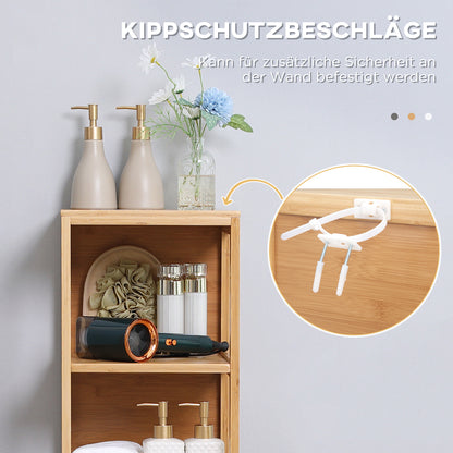 Bathroom Cabinet Vanity Cabinet with 2 Drawers, 3 Shelves, Bamboo Side Cabinet Slim Storage Cabinet for Bathroom, Living Room 30 x 30 x 140 cm Natural