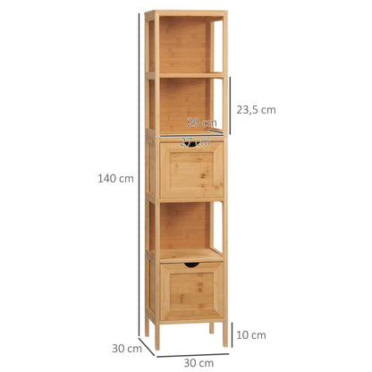 Bathroom Cabinet Vanity Cabinet with 2 Drawers, 3 Shelves, Bamboo Side Cabinet Slim Storage Cabinet for Bathroom, Living Room 30 x 30 x 140 cm Natural