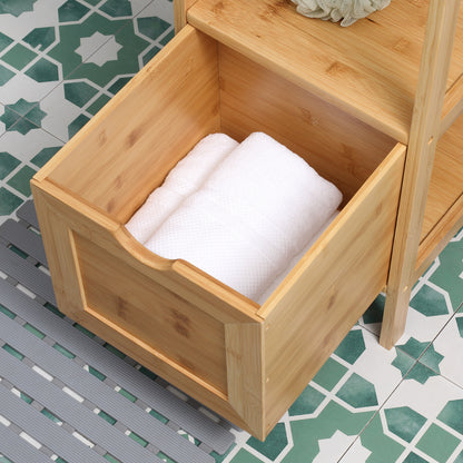 Bathroom Cabinet Vanity Cabinet with 2 Drawers, 3 Shelves, Bamboo Side Cabinet Slim Storage Cabinet for Bathroom, Living Room 30 x 30 x 140 cm Natural