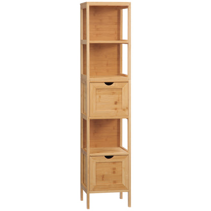 Bathroom Cabinet Vanity Cabinet with 2 Drawers, 3 Shelves, Bamboo Side Cabinet Slim Storage Cabinet for Bathroom, Living Room 30 x 30 x 140 cm Natural