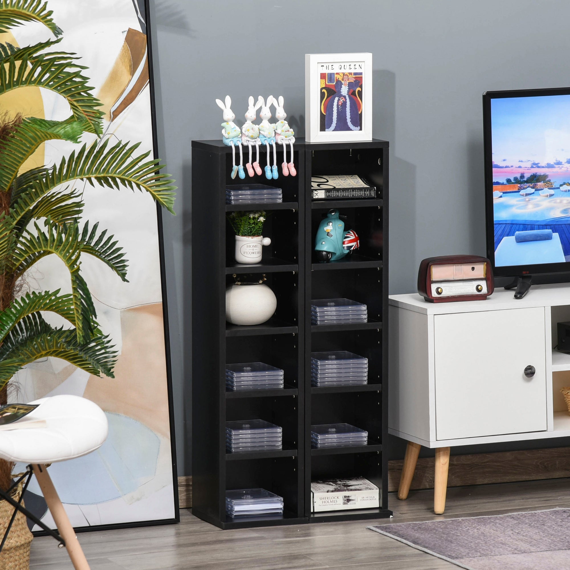 Set of 2 column shelves CD-DVD storage cabinet 6 + 6 compartments 21 x 22.5 x 88.5 cm max capacity 204 CD black