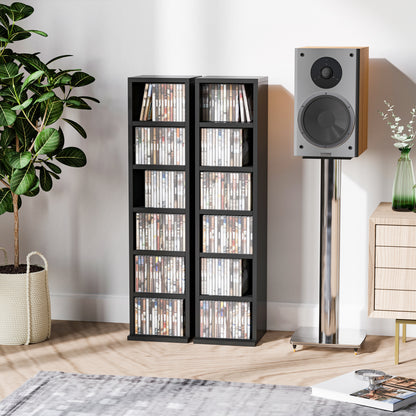 Set of 2 column shelves CD-DVD storage cabinet 6 + 6 compartments 21 x 22.5 x 88.5 cm max capacity 204 CD black
