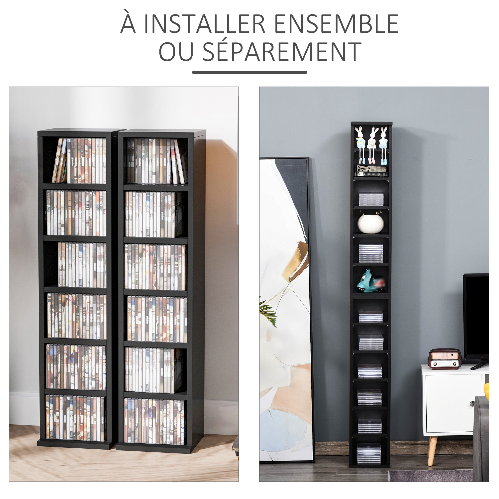 Set of 2 column shelves CD-DVD storage cabinet 6 + 6 compartments 21 x 22.5 x 88.5 cm max capacity 204 CD black