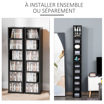 Set of 2 column shelves CD-DVD storage cabinet 6 + 6 compartments 21 x 22.5 x 88.5 cm max capacity 204 CD black