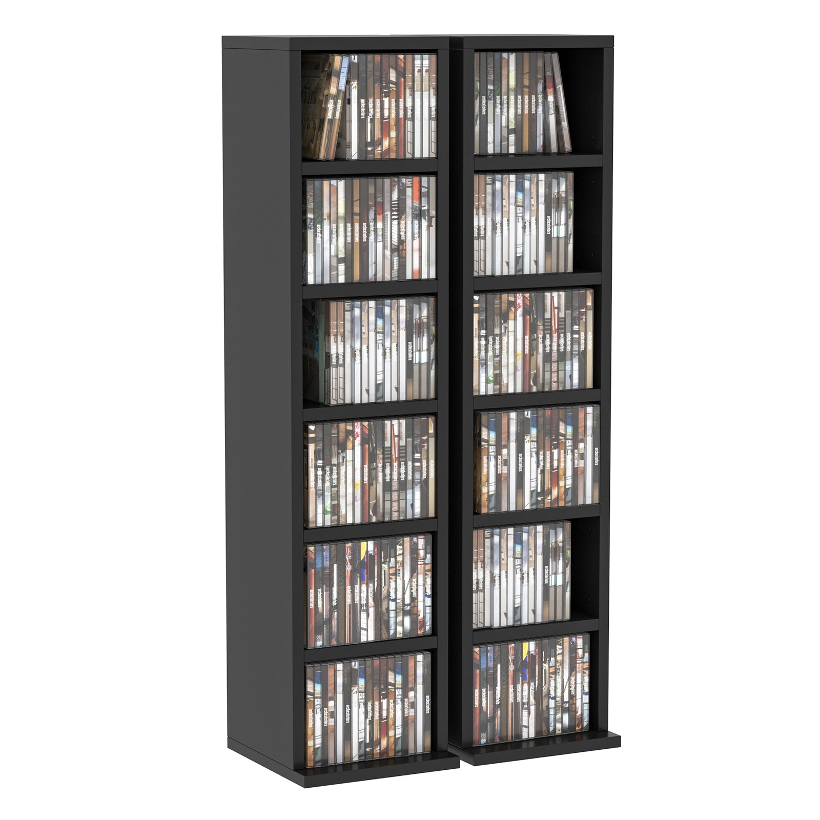 Set of 2 column shelves CD-DVD storage cabinet 6 + 6 compartments 21 x 22.5 x 88.5 cm max capacity 204 CD black