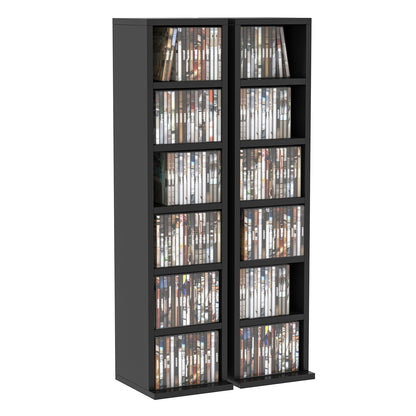Set of 2 column shelves CD-DVD storage cabinet 6 + 6 compartments 21 x 22.5 x 88.5 cm max capacity 204 CD black