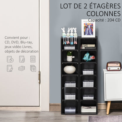 Set of 2 column shelves CD-DVD storage cabinet 6 + 6 compartments 21 x 22.5 x 88.5 cm max capacity 204 CD black