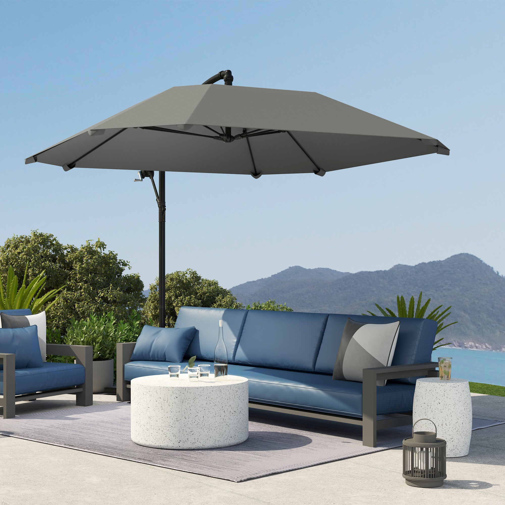Cantilever Umbrella Aluminum Ø 260 cm Sunshade, waterproof crank umbrella with stand, crank, windproof, tiltable market umbrella, tiltable garden umbrella sun protection for balcony garden terrace dark gray