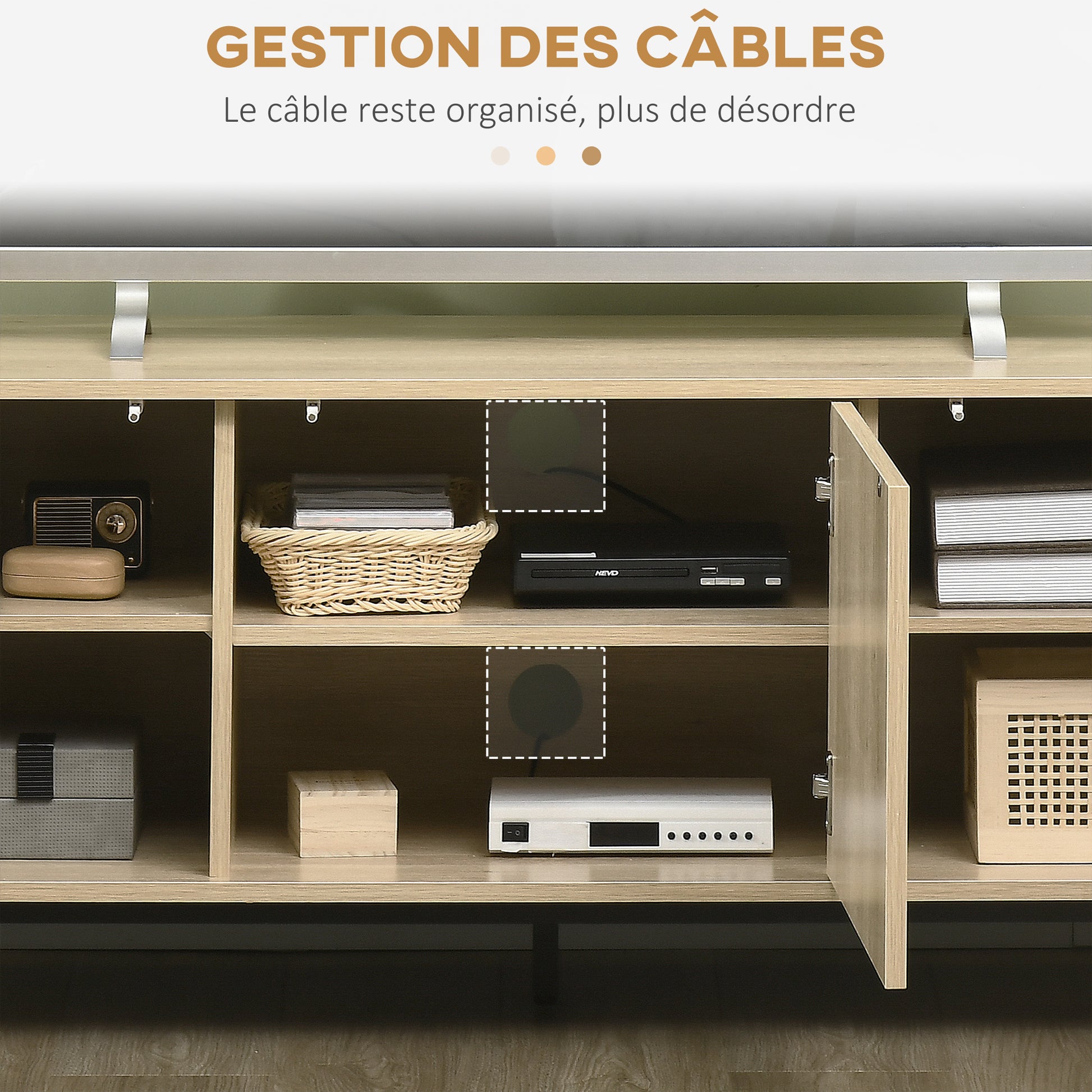 TV Stand TV Cabinet TV Stand up to 65 Inches 3 Cabinets 2 Cable Holes with Adjustable Shelf - 150 x 40 x 51 cm Natural