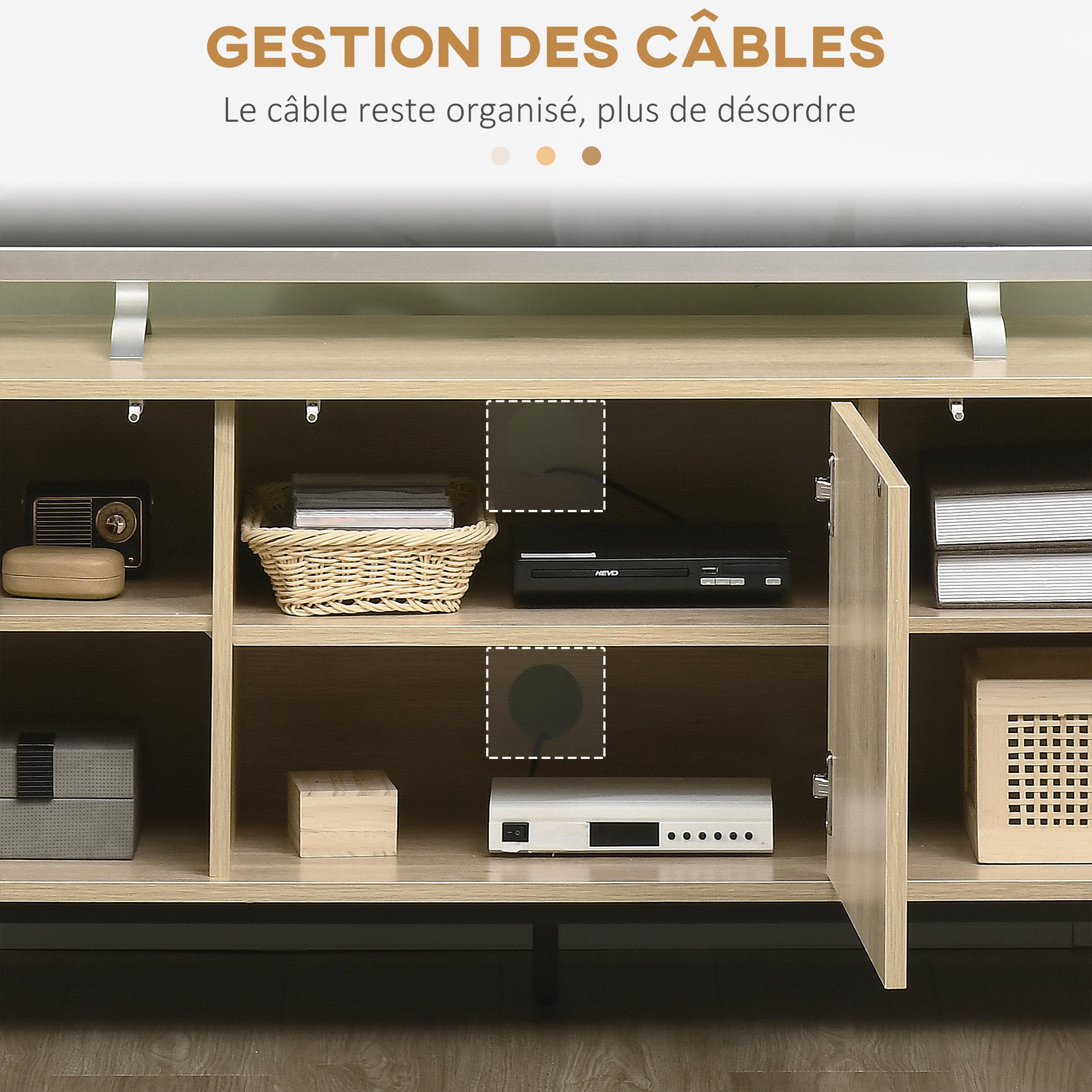 TV Stand TV Cabinet TV Stand up to 65 Inches 3 Cabinets 2 Cable Holes with Adjustable Shelf - 150 x 40 x 51 cm Natural