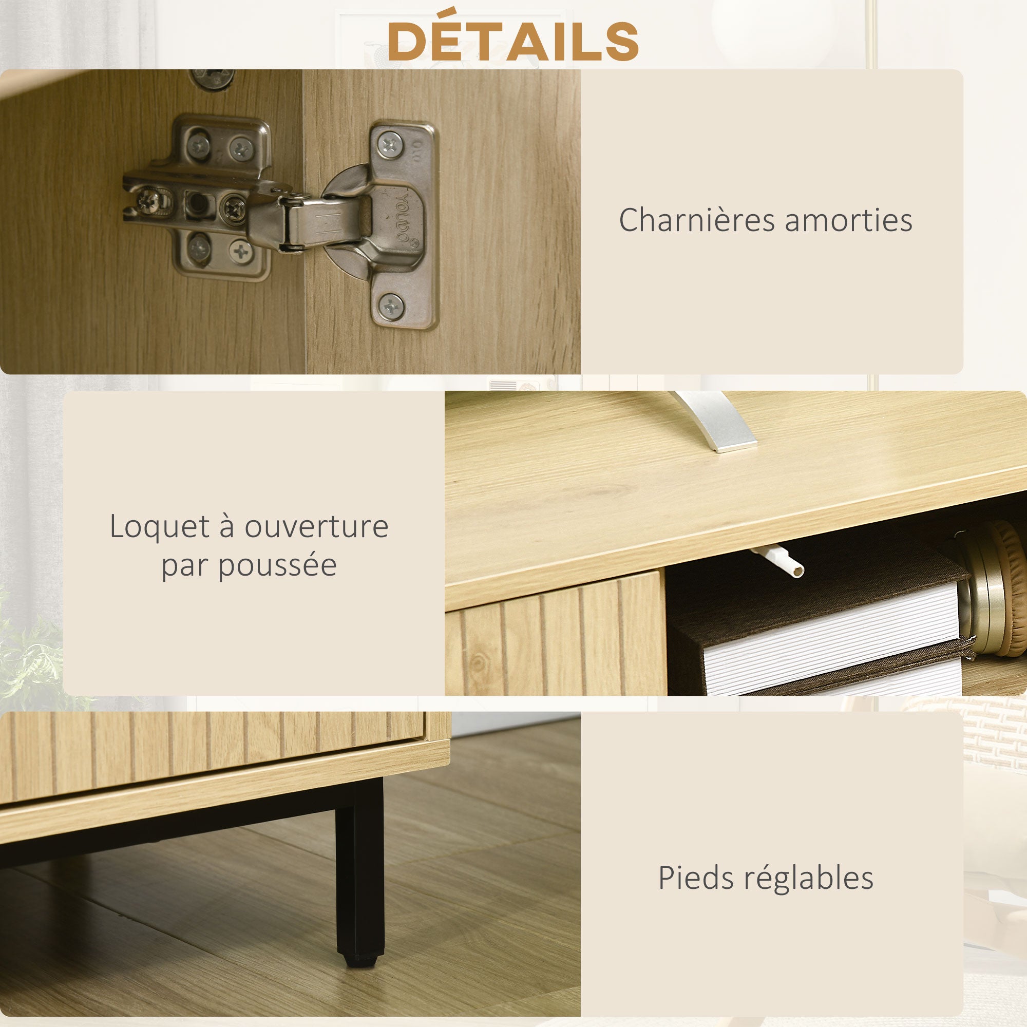 TV Stand TV Cabinet TV Stand up to 65 Inches 3 Cabinets 2 Cable Holes with Adjustable Shelf - 150 x 40 x 51 cm Natural