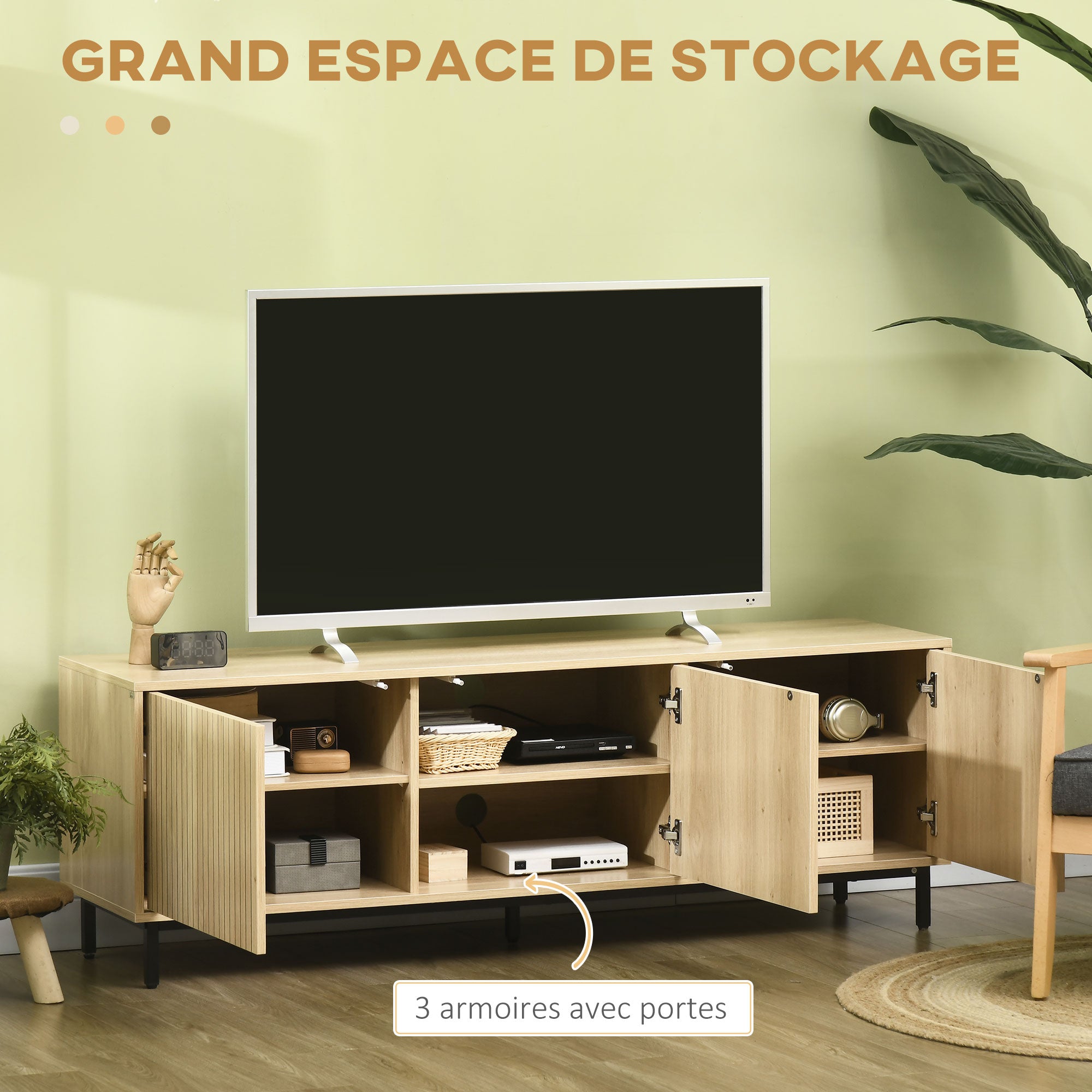 TV Stand TV Cabinet TV Stand up to 65 Inches 3 Cabinets 2 Cable Holes with Adjustable Shelf - 150 x 40 x 51 cm Natural