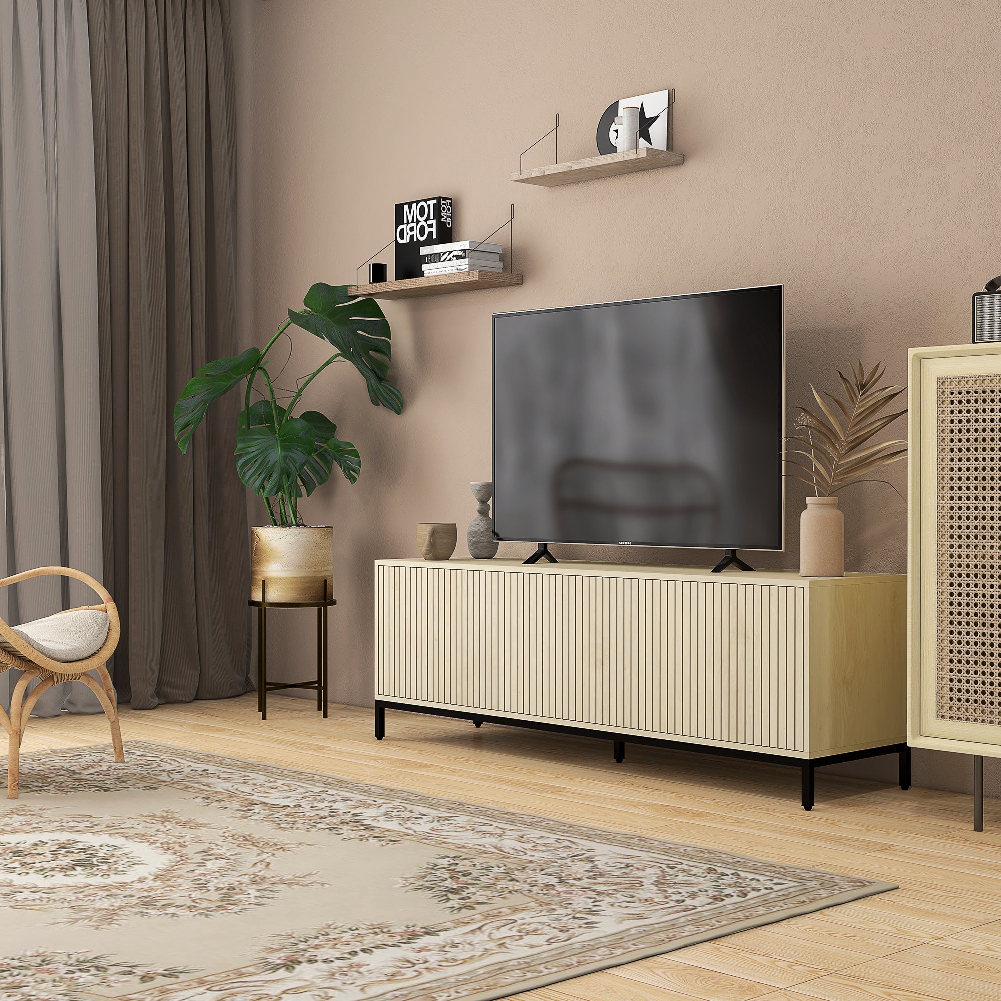 TV Stand TV Cabinet TV Stand up to 65 Inches 3 Cabinets 2 Cable Holes with Adjustable Shelf - 150 x 40 x 51 cm Natural