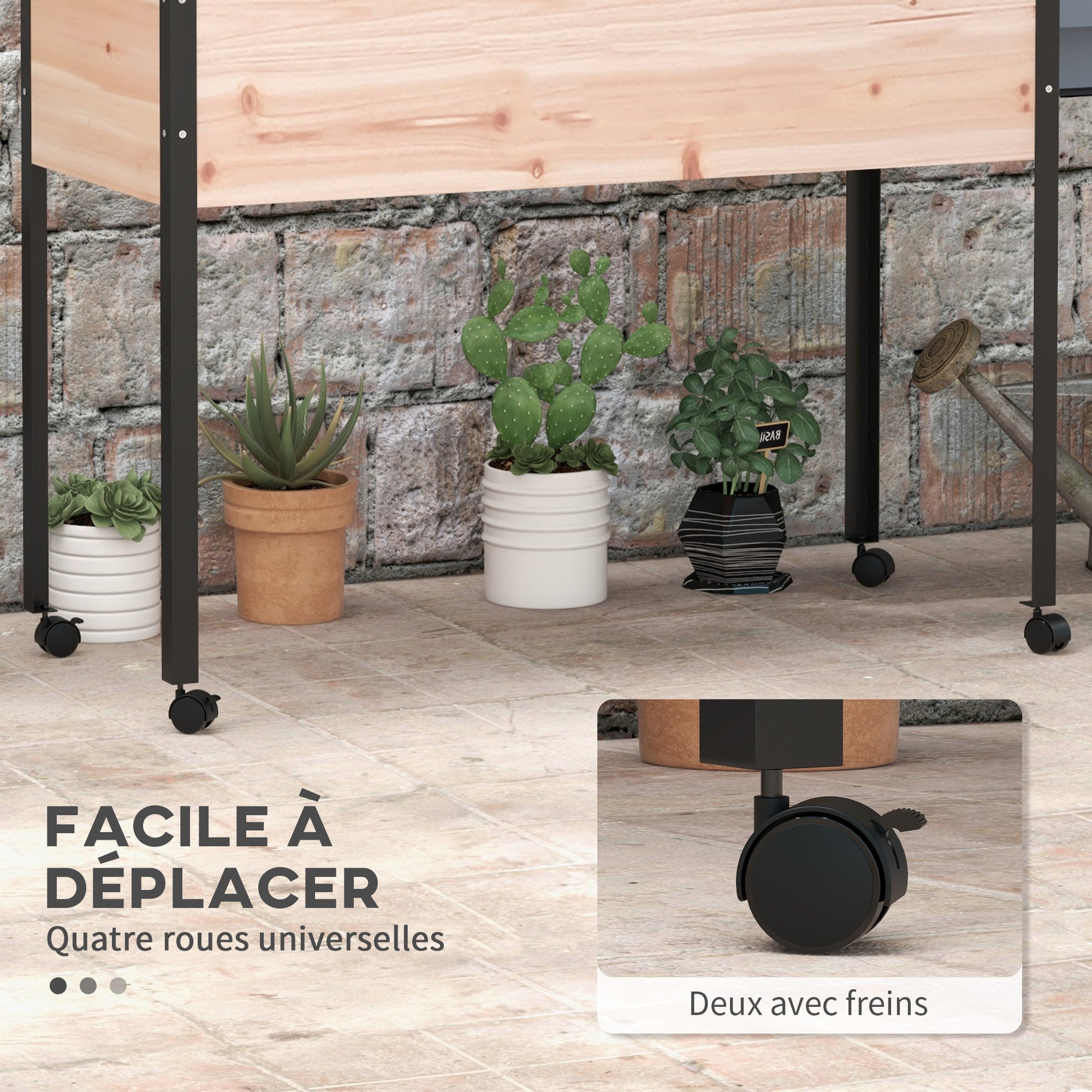 Raised Planter on Legs with 4 Wheels, Irrigation Inserts + Drainage Fleece included Spruce Wood and Metal