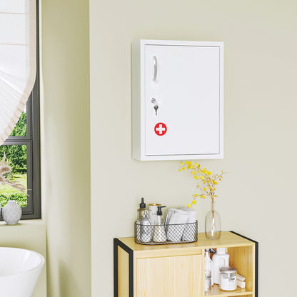 Medicine Cabinet, Pharmacy Cabinet with 3 Compartments, Lockable Medication Cabinet for Wall Mount, First Aid Cabinet, Medicine Cabinet with 2 Keys, Steel, White, 40 x 15 x 53.5 cm