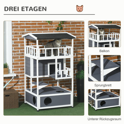 Wooden Cat House, Winterproof Waterproof Cat Cottage with Roof, Cat Cave, 4 Floors Cat Villa with Terrace and Stairs for Outdoor Garden Balcony, 75.5 x 75 x 137 cm, Gray