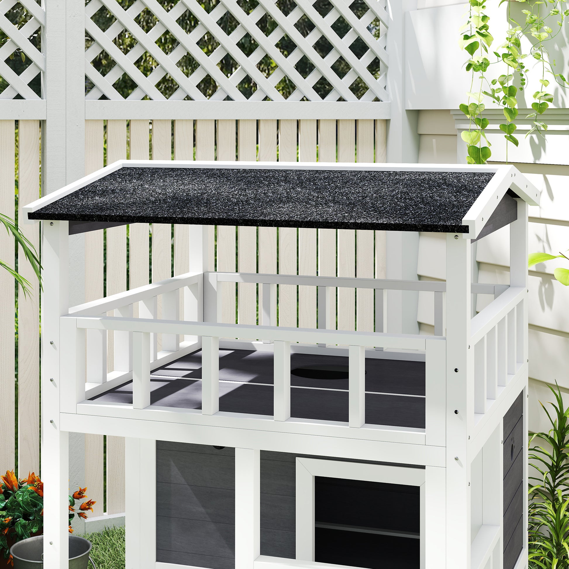 Wooden Cat House, Winterproof Waterproof Cat Cottage with Roof, Cat Cave, 4 Floors Cat Villa with Terrace and Stairs for Outdoor Garden Balcony, 75.5 x 75 x 137 cm, Gray