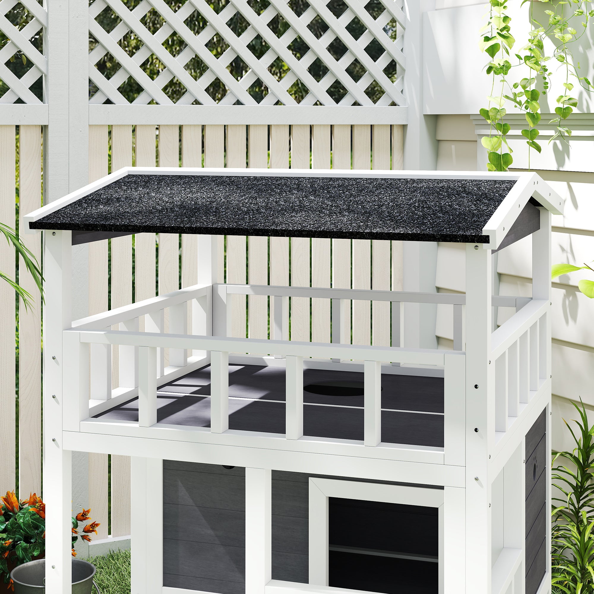 Wooden Cat House, Winterproof Waterproof Cat Cottage with Roof, Cat Cave, 4 Floors Cat Villa with Terrace and Stairs for Outdoor Garden Balcony, 75.5 x 75 x 137 cm, Gray